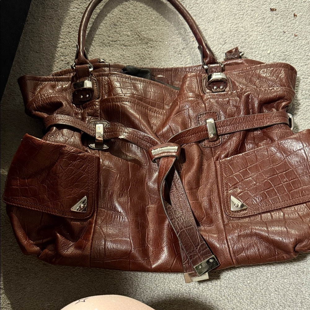 b. makowsky Brown Croc-Embossed Leather Shoulder Bag
